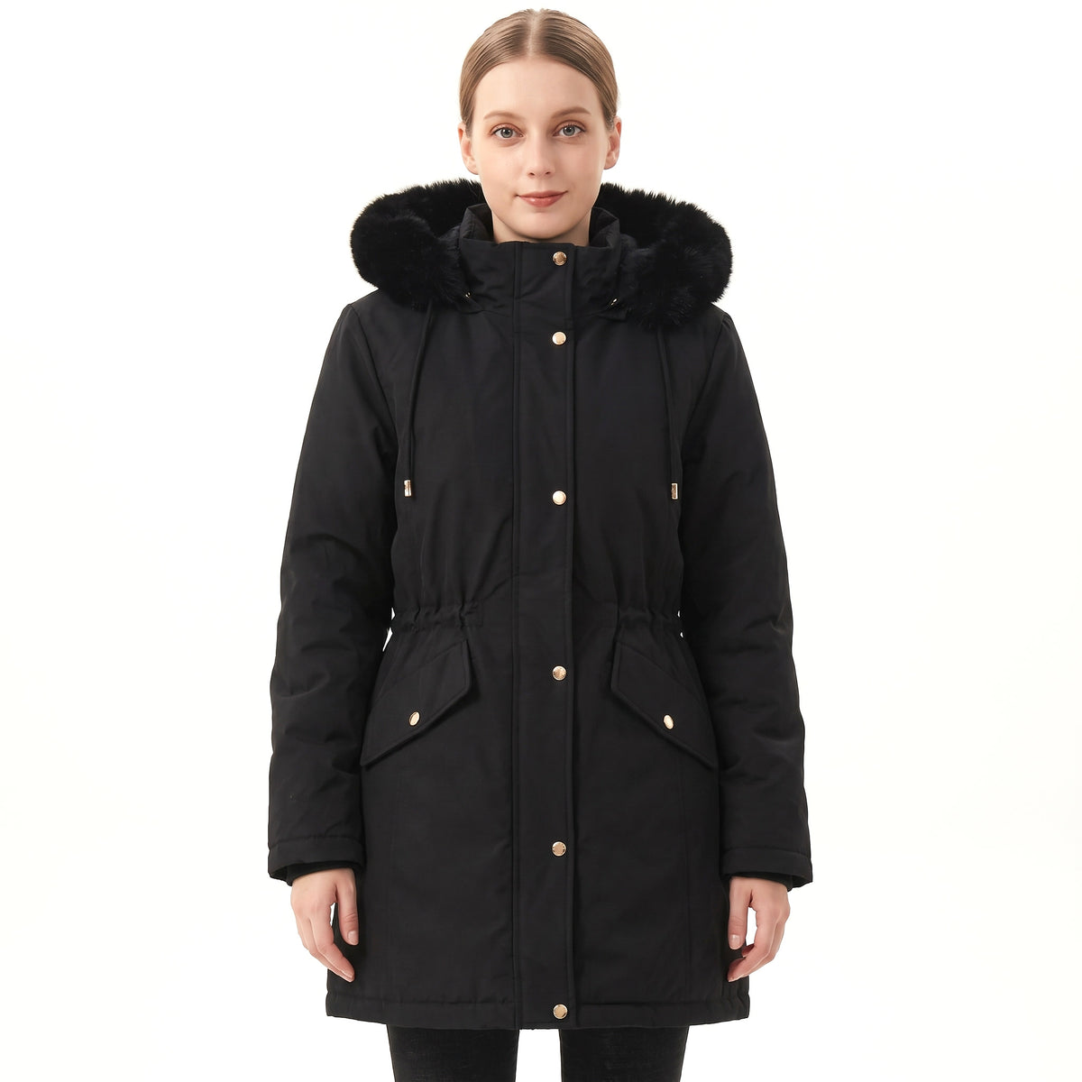 Olive-Pearl Women's Long Belted Puffer Jacket with Faux Fur Hood in black