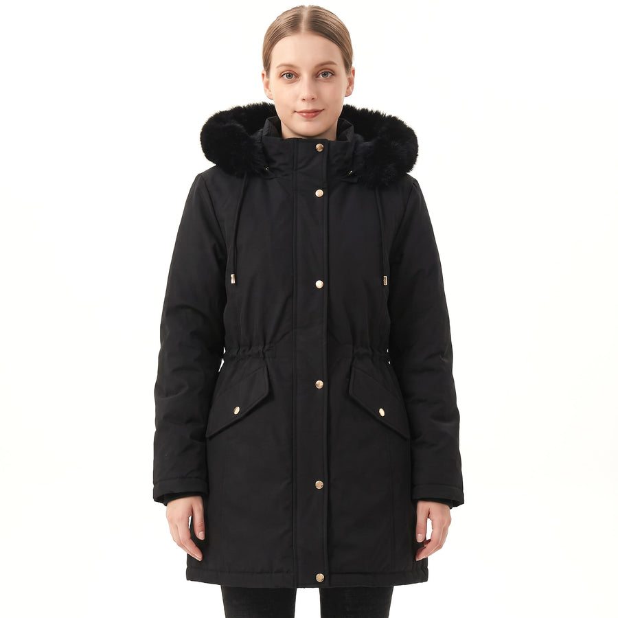 Olive-Pearl Women's Long Belted Puffer Jacket with Faux Fur Hood in black