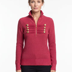 Ingrid Olive women's military-inspired knit top with gold half-zip