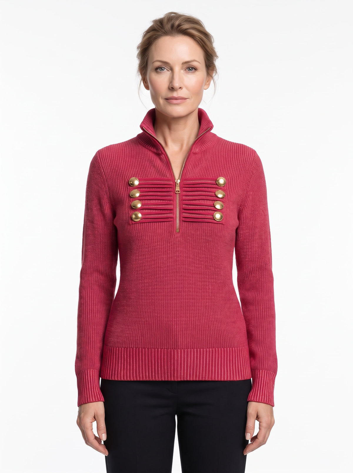 Ingrid Olive women's military-inspired knit top with gold half-zip