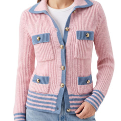 Women's preppy pink knit cardigan with blue contrast trim