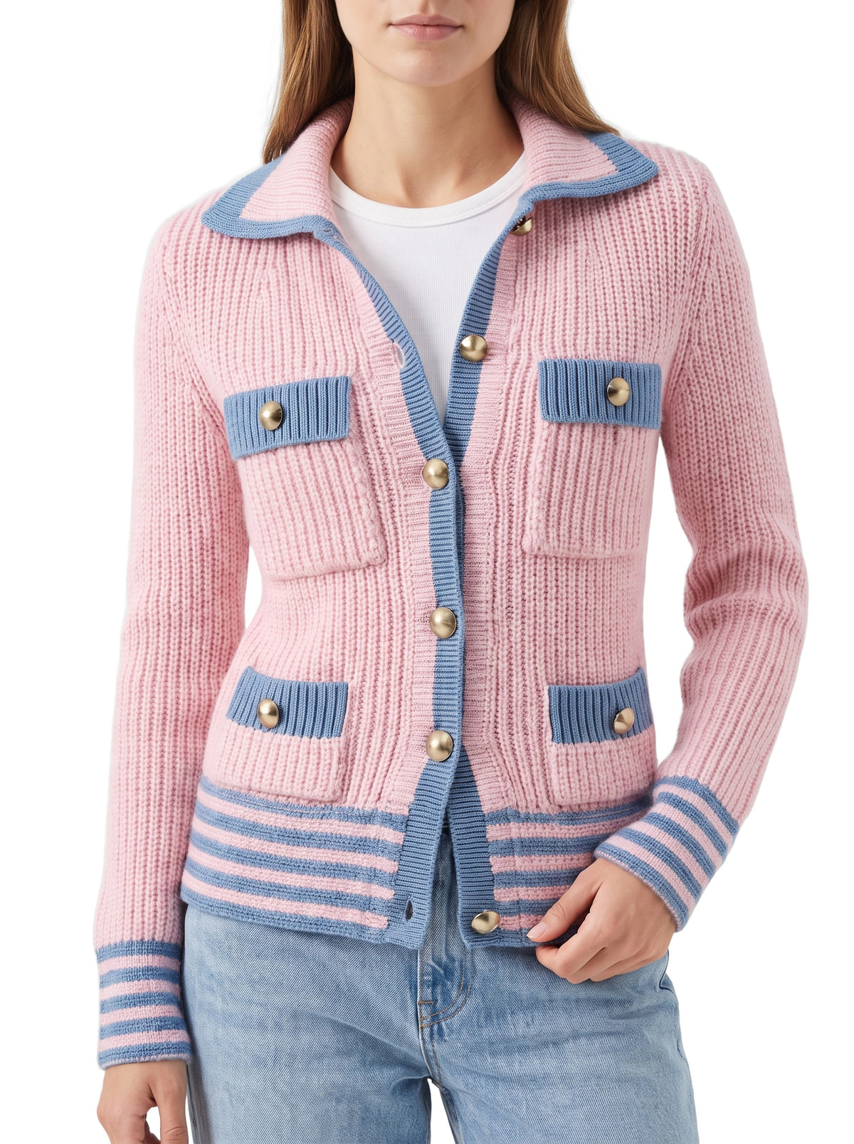 Women's preppy pink knit cardigan with blue contrast trim