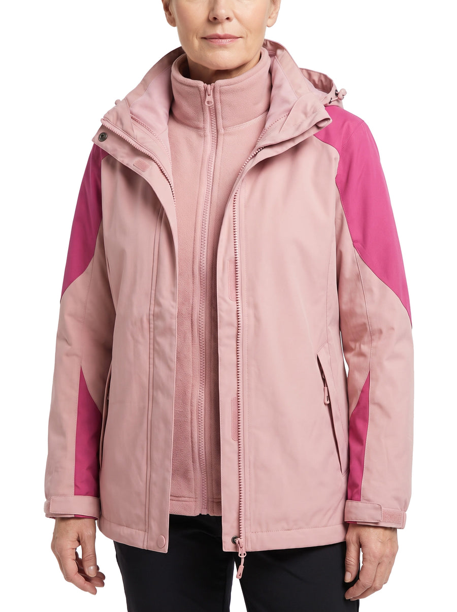 Women's two-in-one denim-style softshell jacket with removable fleece in pink