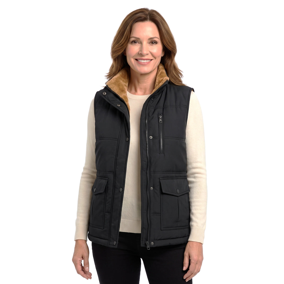 Evelina Women's Fleece-Lined Puffer Vest with Stand Collar in black