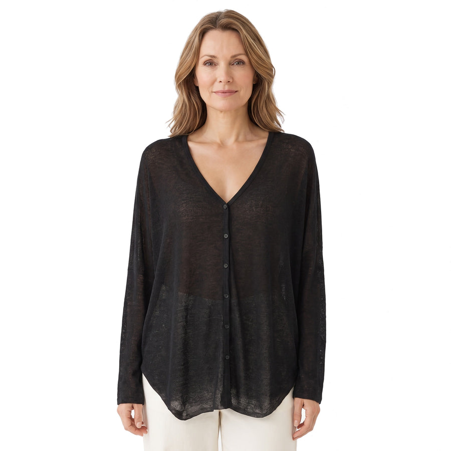 Flora Women's Draped Button-Front Cardigan in black, worn by a model