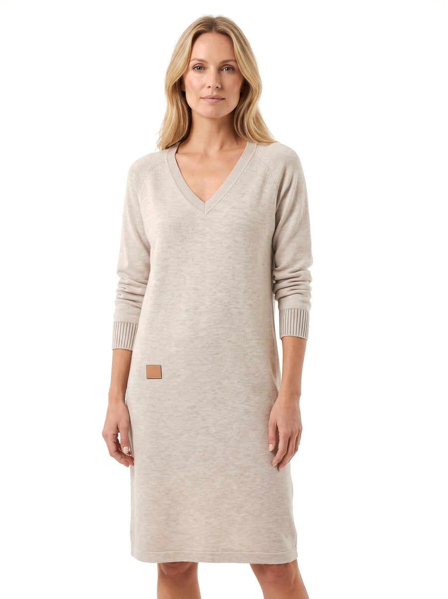 Thelma Women's Relaxed V-Neck Knit Sweater Dress in beige