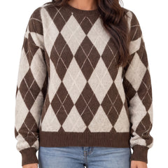 Frances Women's Argyle Diamond-Knit Crew Neck Jumper in brown and cream