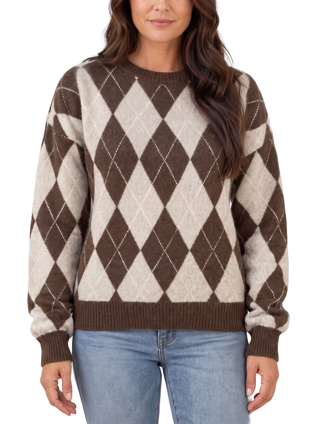 Frances Women's Argyle Diamond-Knit Crew Neck Jumper in brown and cream