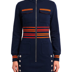 Leonora navy military-style color-block sweatshirt mini skirt worn by model on white background