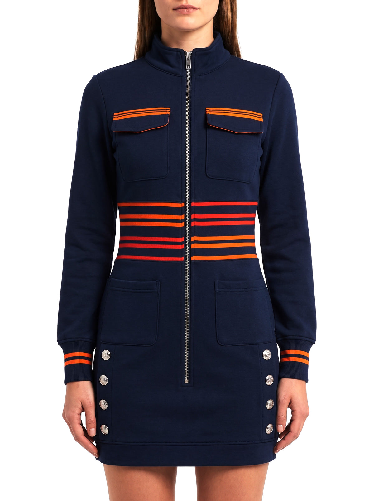 Leonora navy military-style color-block sweatshirt mini skirt worn by model on white background