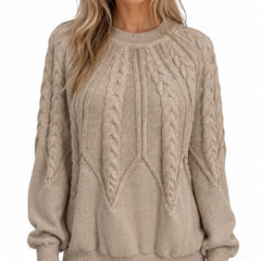 Women's cable knit cosy jumper in khaki worn by a model