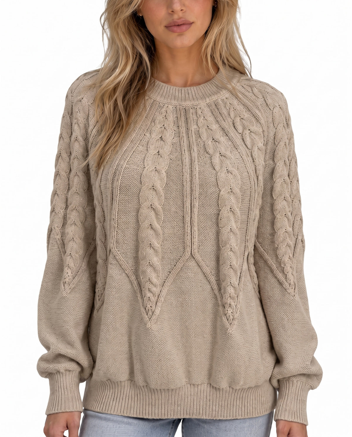 Women's cable knit cosy jumper in khaki worn by a model