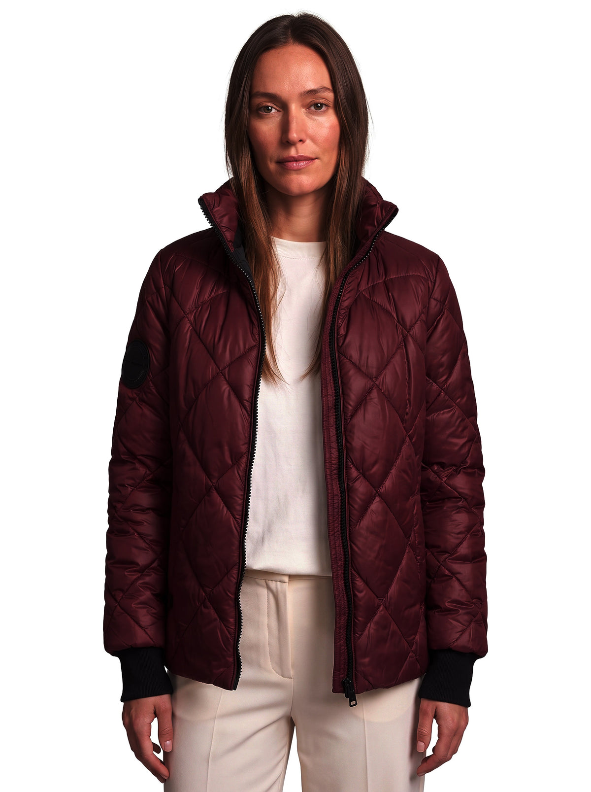 Women's Quilted High-Collar Puffer Jacket in burgundy