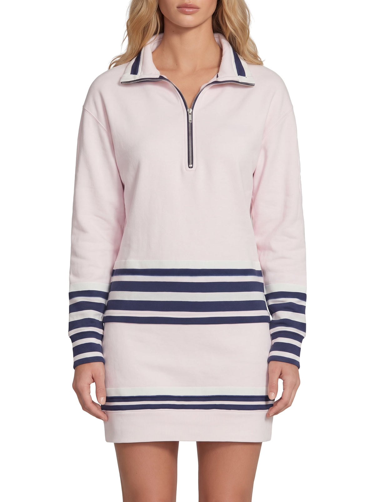 Women's half-zip striped sweatshirt mini dress in blush pink