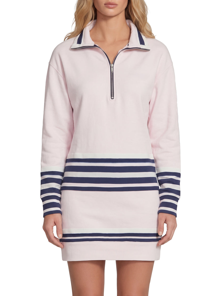 Women's half-zip striped sweatshirt mini dress in blush pink