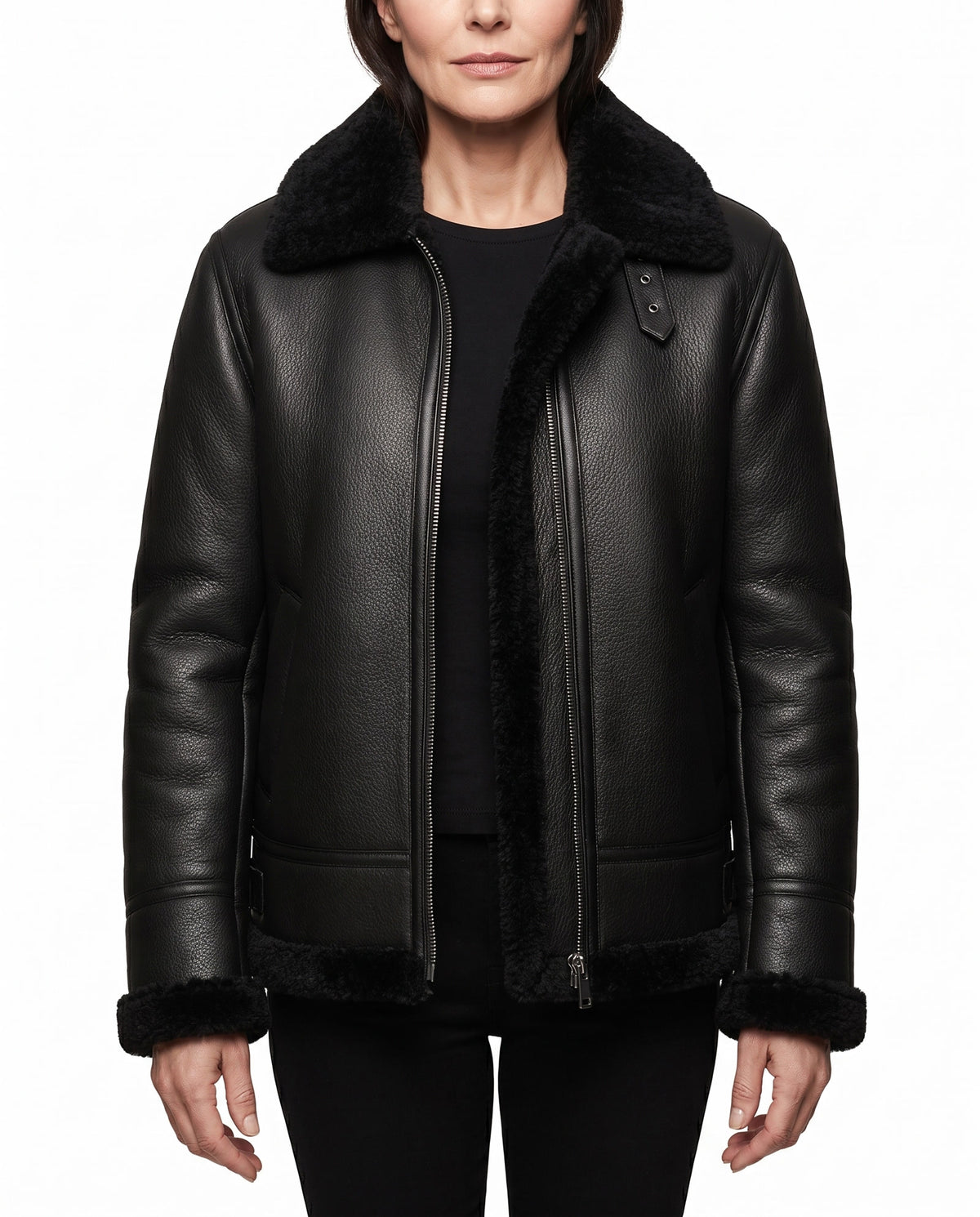 Women's black faux shearling aviator biker jacket