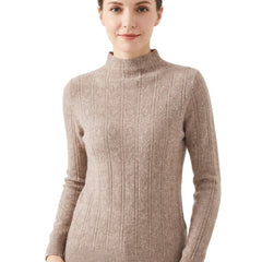 Erna-Maureen Women's Structured Mockneck Cable Knit Sweater in camel brown, worn by a model