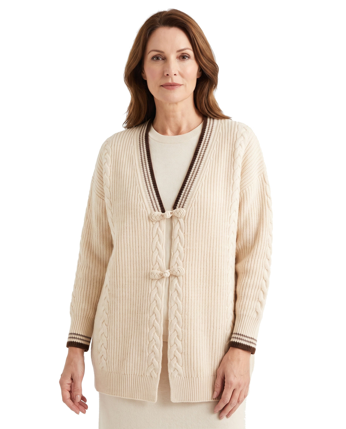 Blanche-Minerva Women's Chunky Cable-Knit Cardigan with Knot Closures