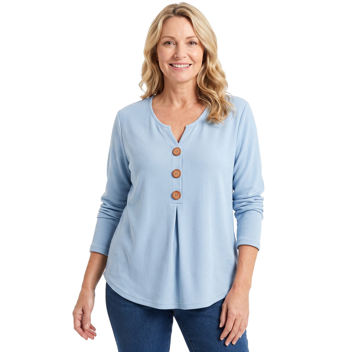 Meredith-Greta Women's V-Neck Knit Tunic Blouse in Blue