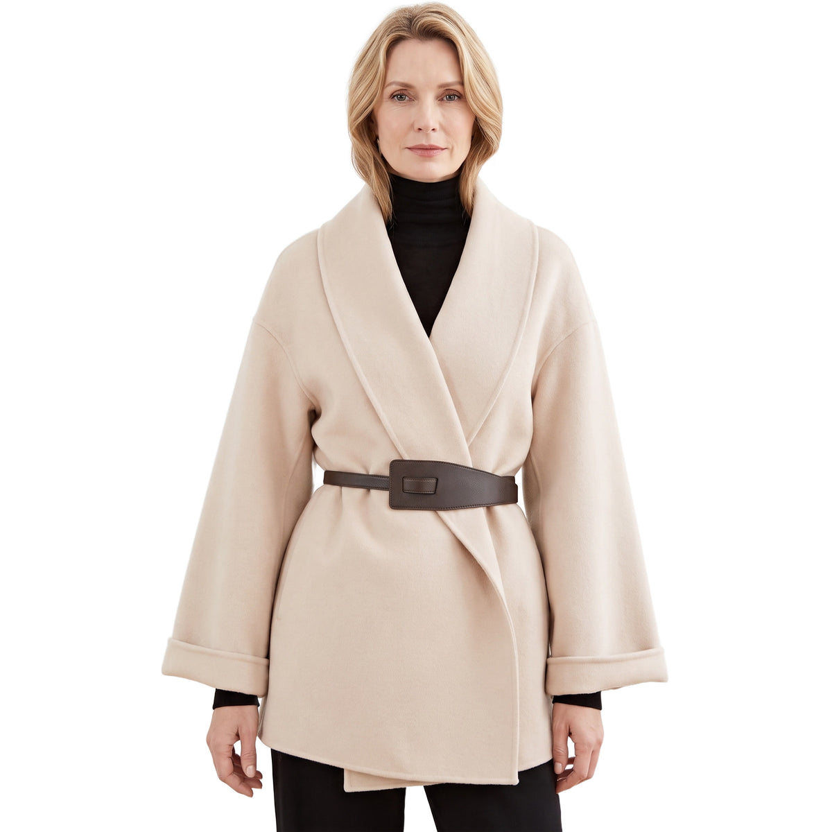 Isabelle Women's Wide-Lapel Wrap Coat with Tie Belt in beige, worn by a model