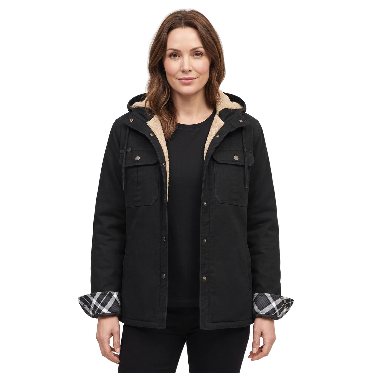 Camilla Women's Sherpa-Lined Puffer Jacket with Windproof Hood in black, worn open showing the sherpa hood lining and plaid cuffs