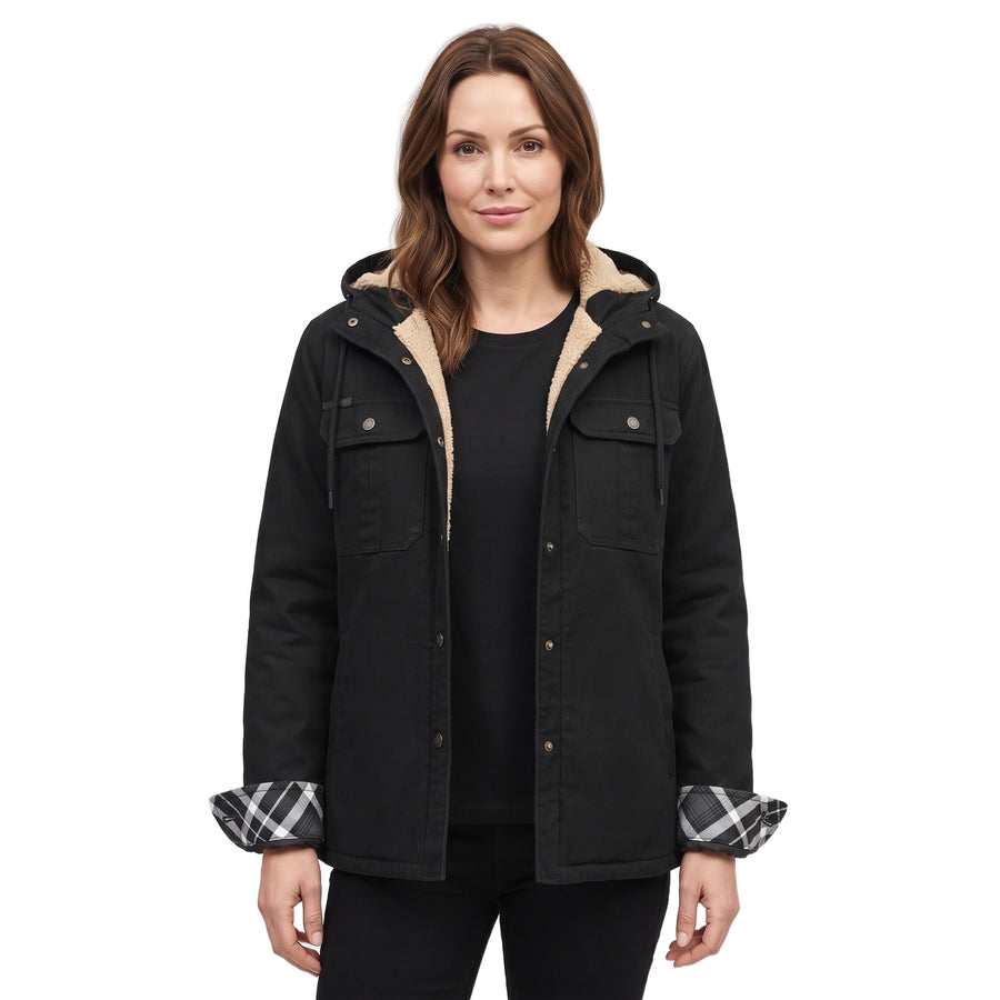 Camilla Women's Sherpa-Lined Puffer Jacket with Windproof Hood in black, worn open showing the sherpa hood lining and plaid cuffs