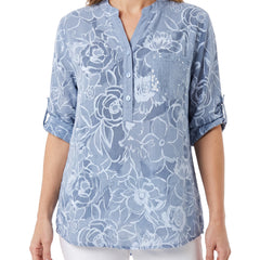 Carmen Women's Linen Sequin-Placket Floral Blouse in Light Blue