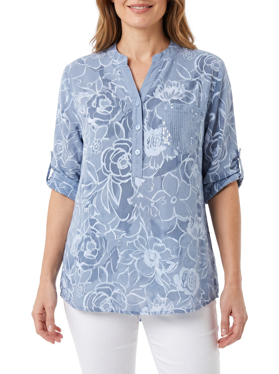 Carmen Women's Linen Sequin-Placket Floral Blouse in Light Blue