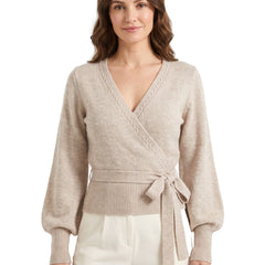 Margot Women's Wrap-Front Cropped Sweater in beige worn by a model