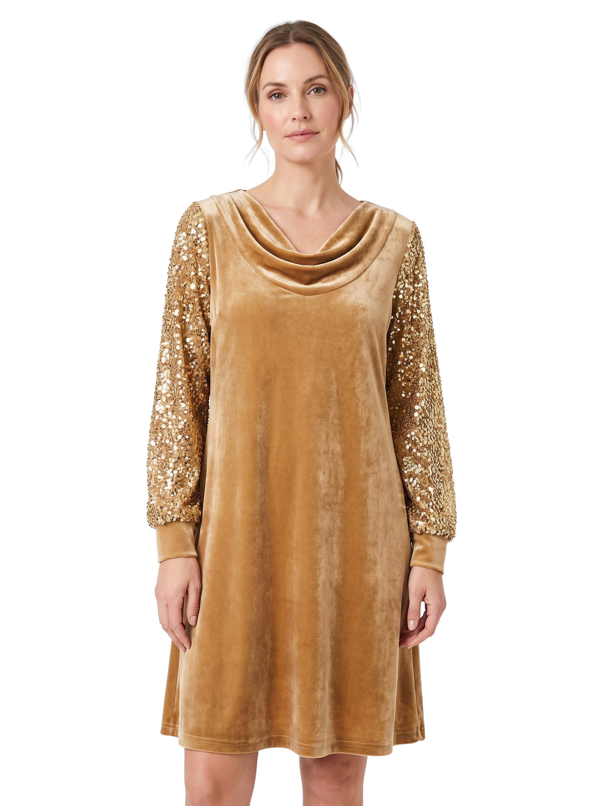 Clara Women's Cowl Neck Velvet Mini Dress in Gold