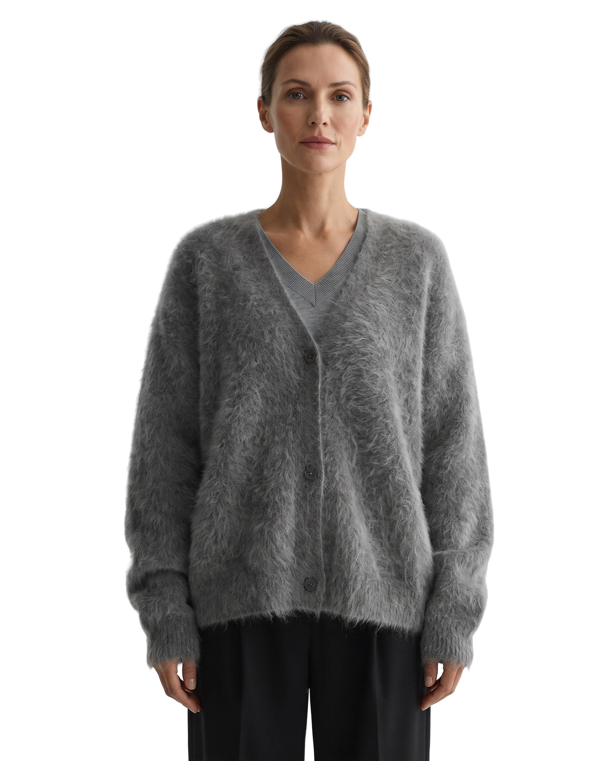 Colette Women's Relaxed-Fit Knit Cardigan in Dark Grey worn by a model