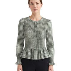 Dorothea Women's Puffed-Sleeve Shirred Plaid Blouse in green gingham worn by a model