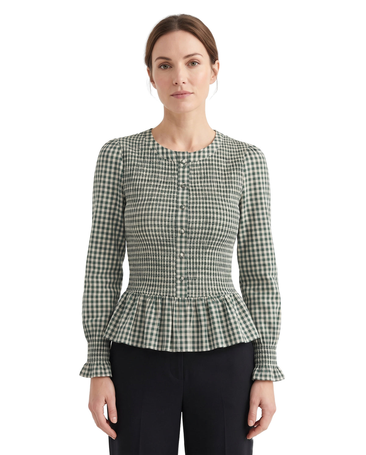 Dorothea Women's Puffed-Sleeve Shirred Plaid Blouse in green gingham worn by a model