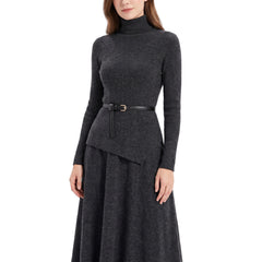 Edith Women's Belted Asymmetric Knit Midi Dress in Grey
