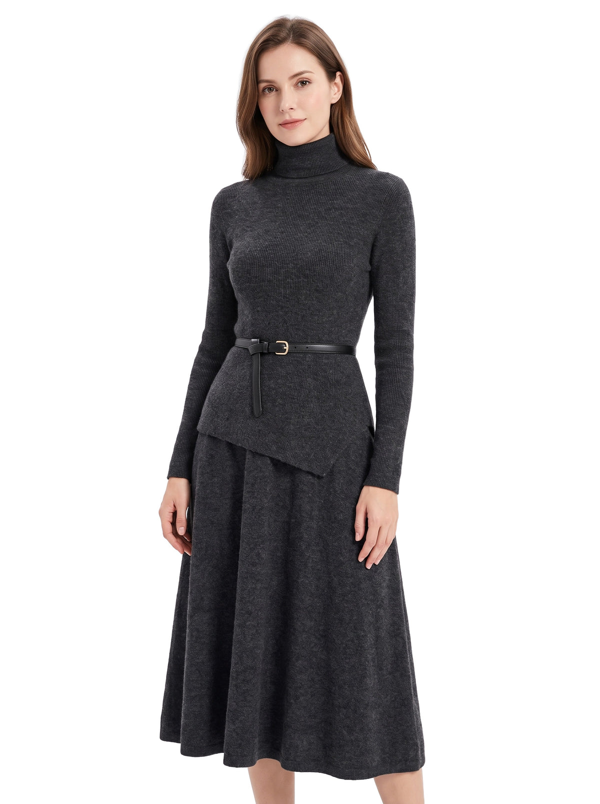 Edith Women's Belted Asymmetric Knit Midi Dress in Grey