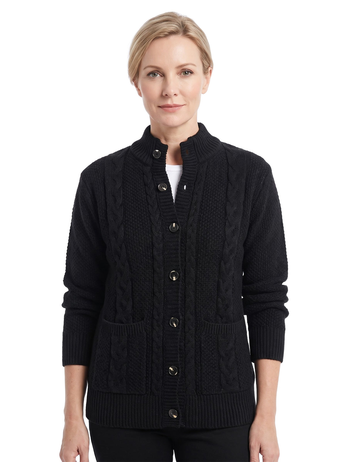 Frida Women's Chunky Knit Button-Front Cardigan in Black worn by a model