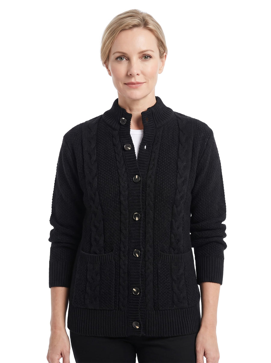 Frida Women's Chunky Knit Button-Front Cardigan in Black worn by a model