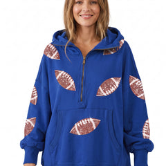 Erna Women's Oversized Half-Zip Sequin Hoodie in royal blue with sequin football patches