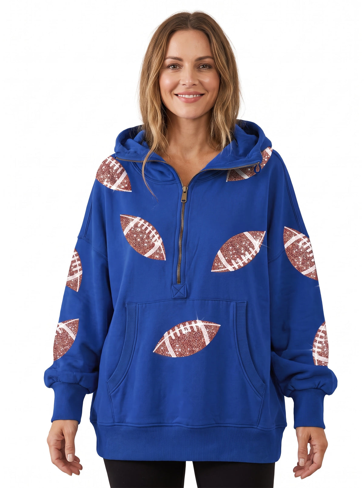 Erna Women's Oversized Half-Zip Sequin Hoodie in royal blue with sequin football patches