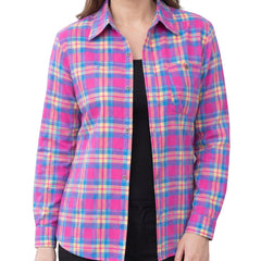 Eugenia Women's Relaxed Plaid Collar Shirt in pink plaid worn by a model