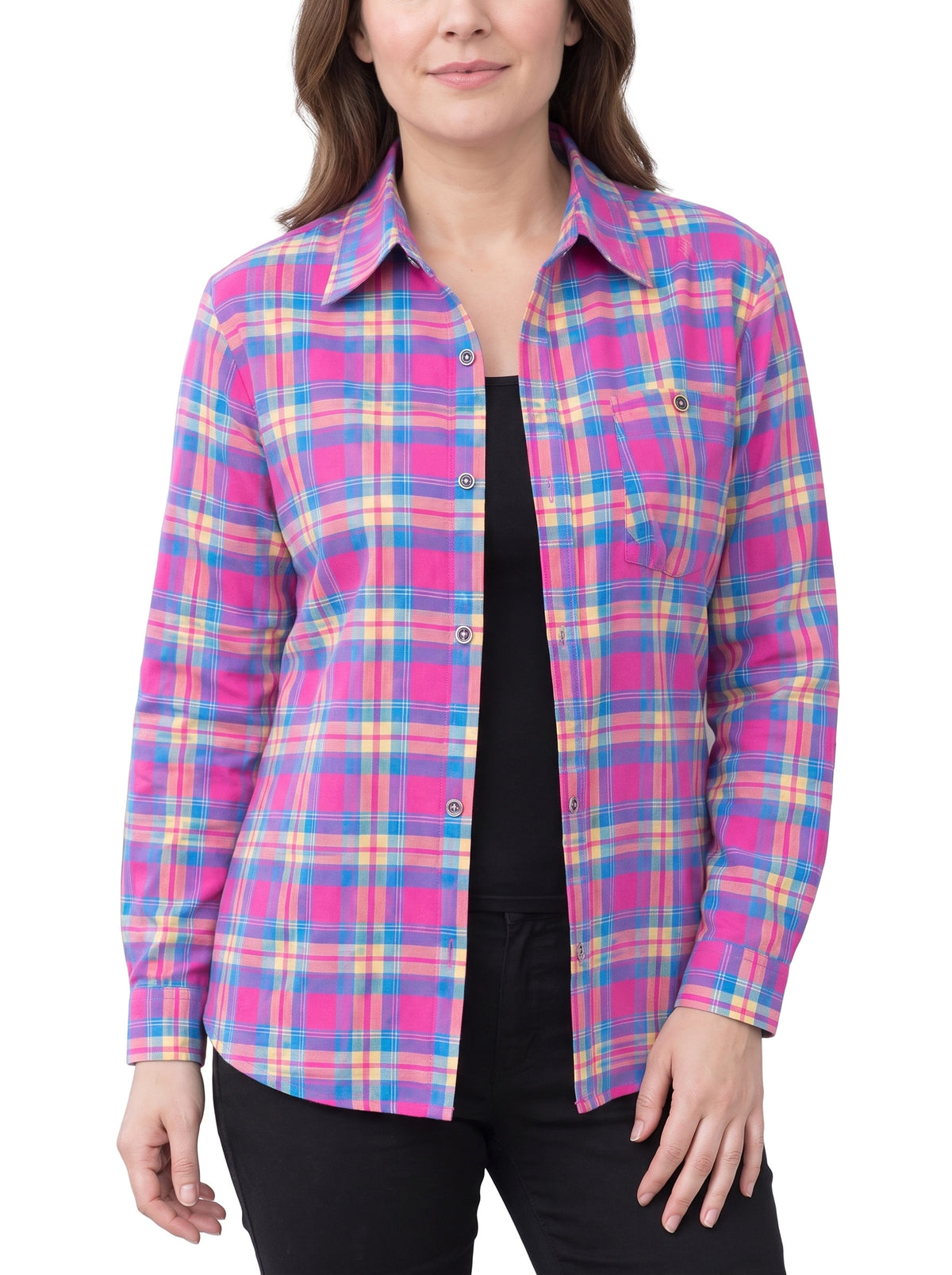 Eugenia Women's Relaxed Plaid Collar Shirt in pink plaid worn by a model