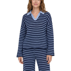 Genevieve Women's Striped Knit Collared Jumper and Wide-Leg Trouser Set in Blue
