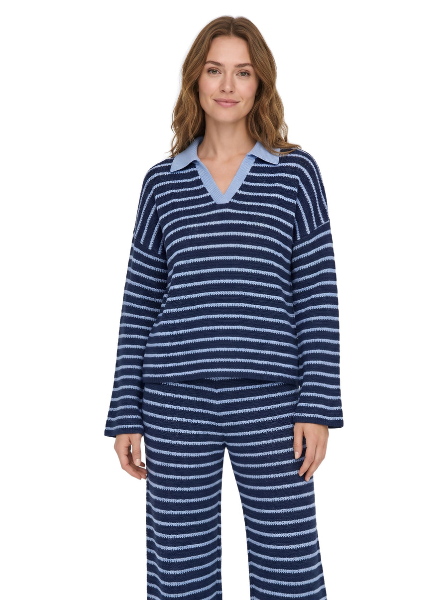 Genevieve Women's Striped Knit Collared Jumper and Wide-Leg Trouser Set in Blue