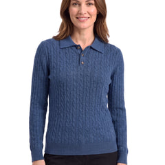 June-Eugenia Women's Cable Knit Button-Front Polo Sweater in Blue