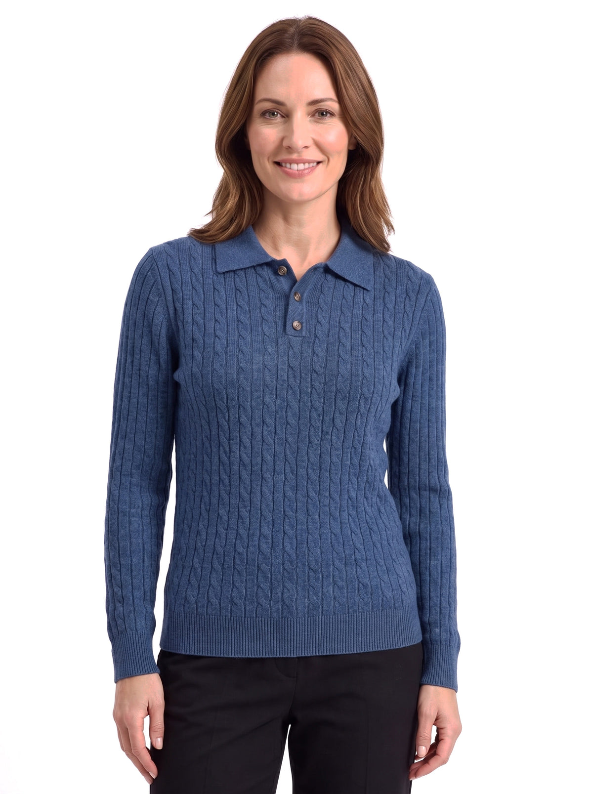 June-Eugenia Women's Cable Knit Button-Front Polo Sweater in Blue