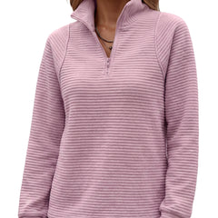 Bernadette-June Women's Ribbed Half-Zip Fleece Pullover in pink worn by a model