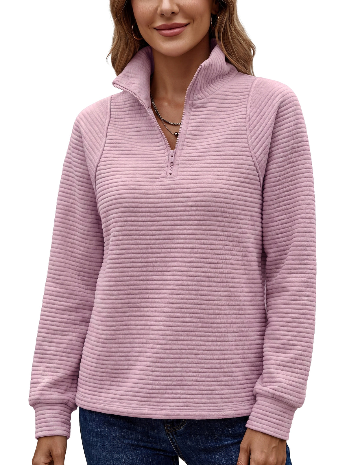 Bernadette-June Women's Ribbed Half-Zip Fleece Pullover in pink worn by a model