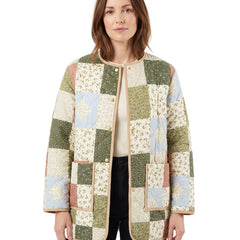 Lavinia-Helena Women's Patchwork Quilted Coat with Floral Inserts in Green, worn open by a model on a white background