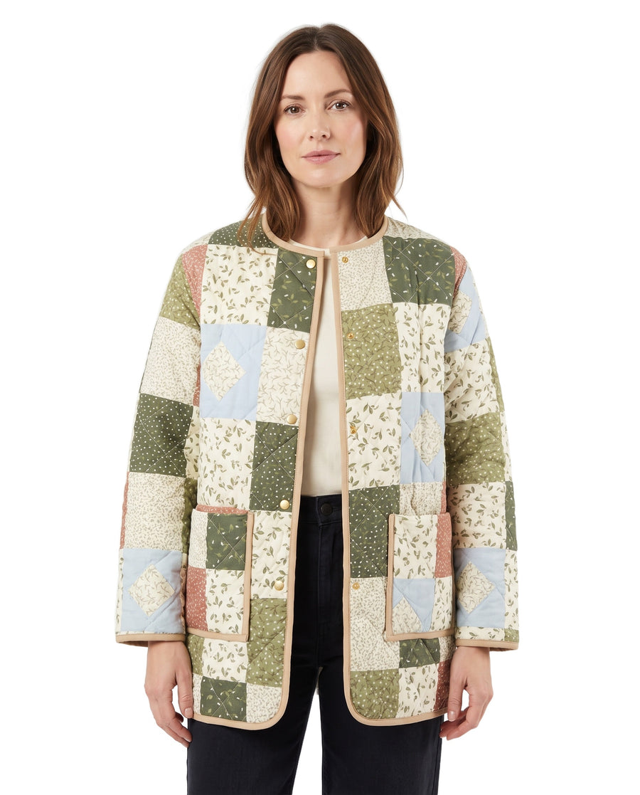 Lavinia-Helena Women's Patchwork Quilted Coat with Floral Inserts in Green, worn open by a model on a white background