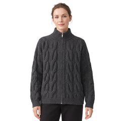 Constance-Birgit Women's Full-Zip Cable Knit Cardigan in grey worn by a model